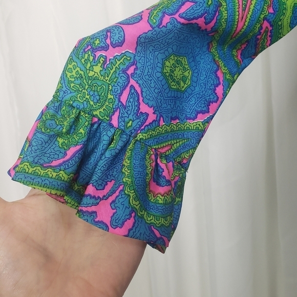 Vintage Sue Brett vibrant paisley dress blue green pink ruffle hem cuff 70s gorg - Picture 4 of 14